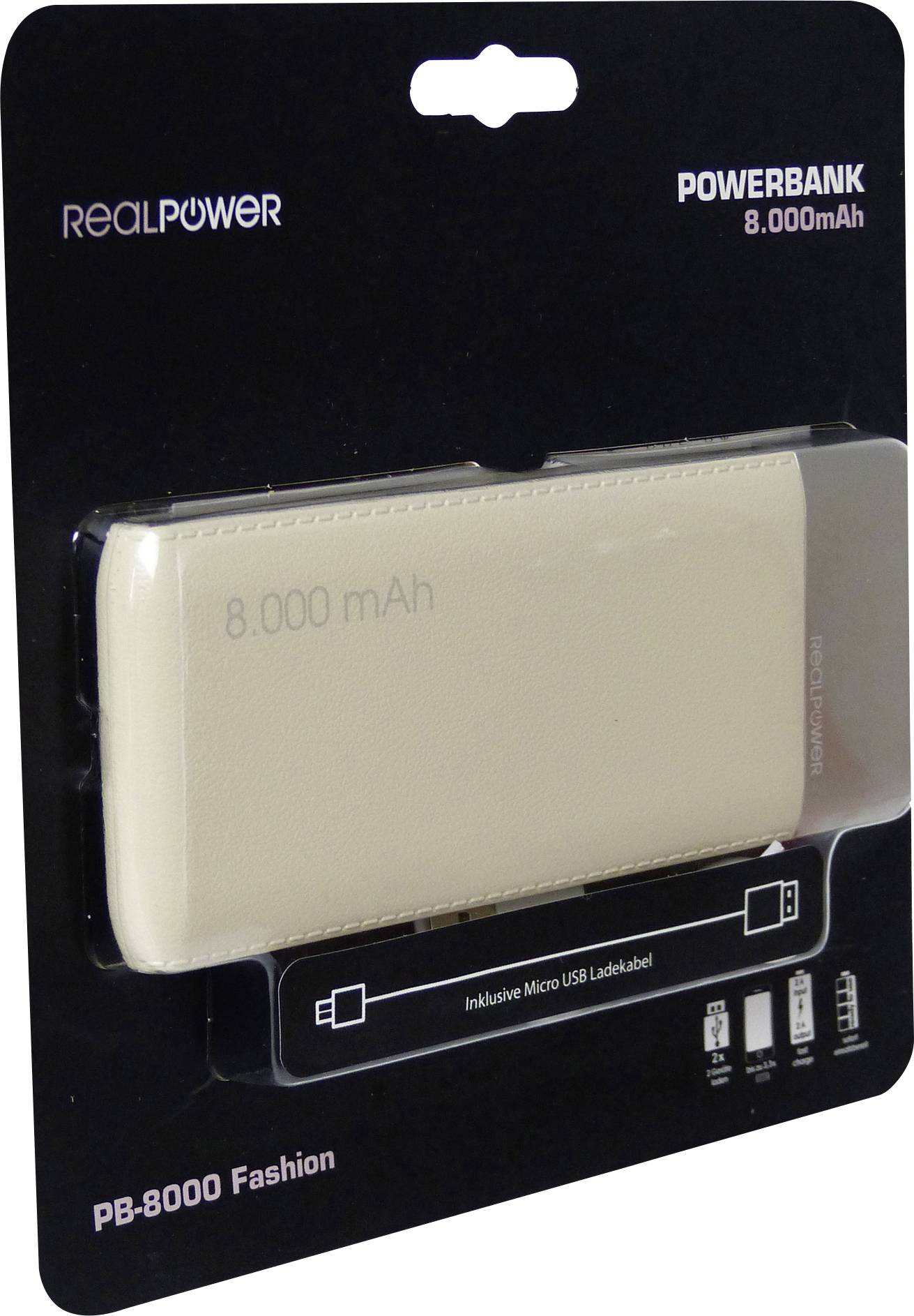 Batterie externe 'RealPower PB-8000' de 8 000 mAh, coloris beige, dans son emballage d'origine. Comprend un câble de charge micro-USB, convient aux smartphones et tablettes.