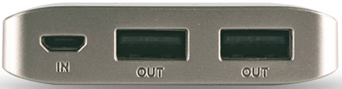 'Boîtier métallique avec trois connexions : une entrée Micro-USB à gauche identifiée par 'IN' et deux sorties USB à droite, toutes deux marquées 'OUT'.'