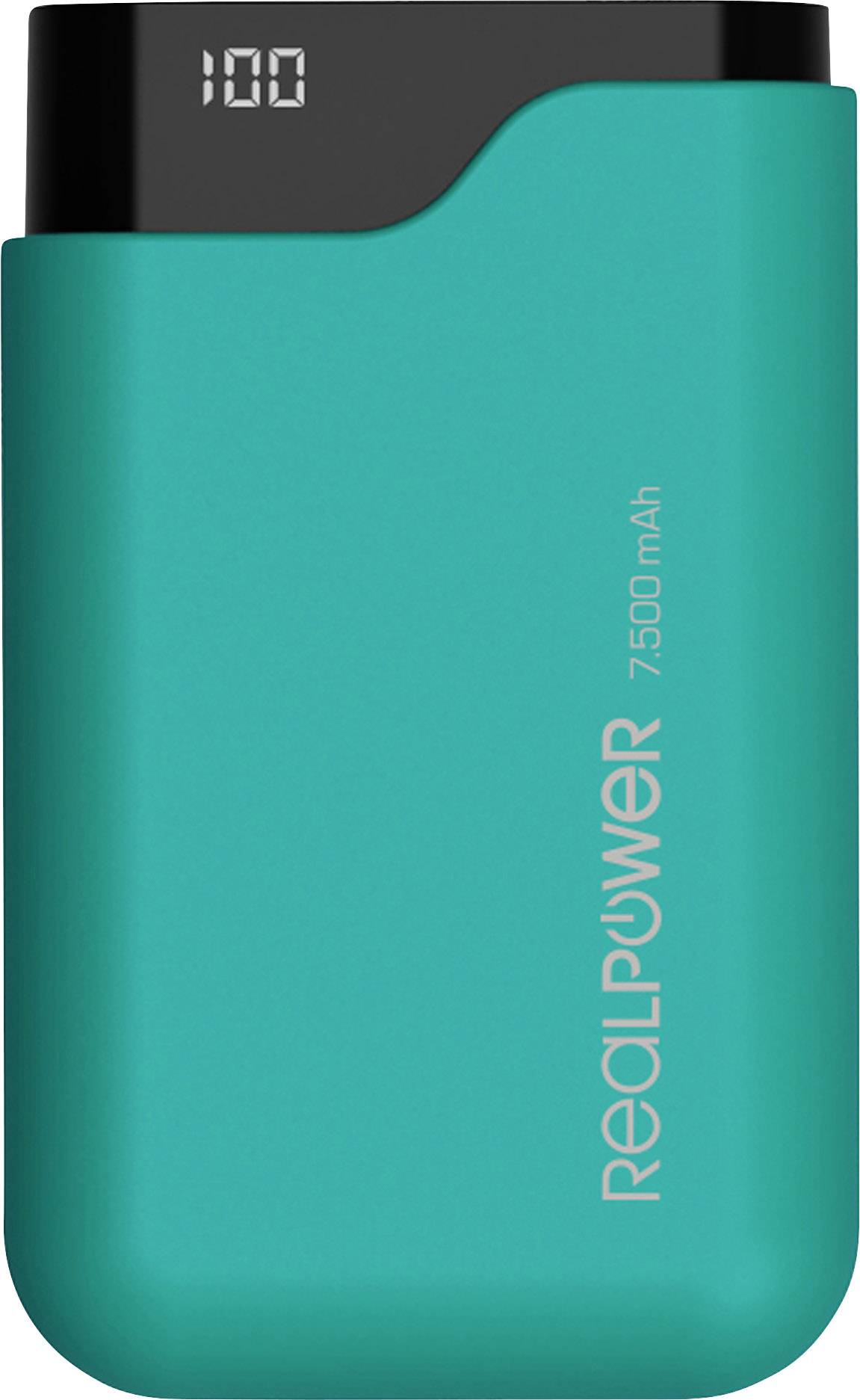 Batterie externe de 7500 mAh avec affichage numérique de charge sur le dessus, boîtier vert portant le logo 'REALPOWER'.