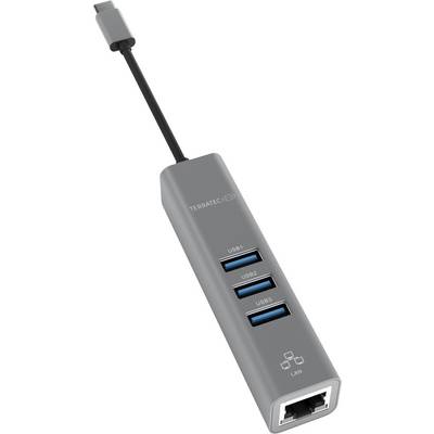 Adaptateur USB-C avec trois ports USB 3.0 et une connexion Ethernet, adapté pour connecter plusieurs appareils à un ordinateur.