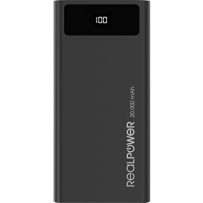 Une batterie externe noire portant l'inscription 'RealPower 20000 mAh' avec un affichage numérique indiquant '100'.
