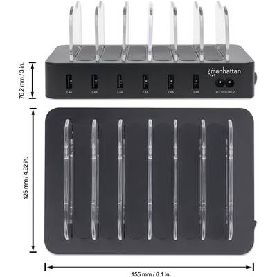 Station de charge USB de Manhattan avec huit ports de charge (2,4A chacun). Vue arrière montrant les dimensions : 7,62 cm de hauteur, 15,5 cm de longueur.