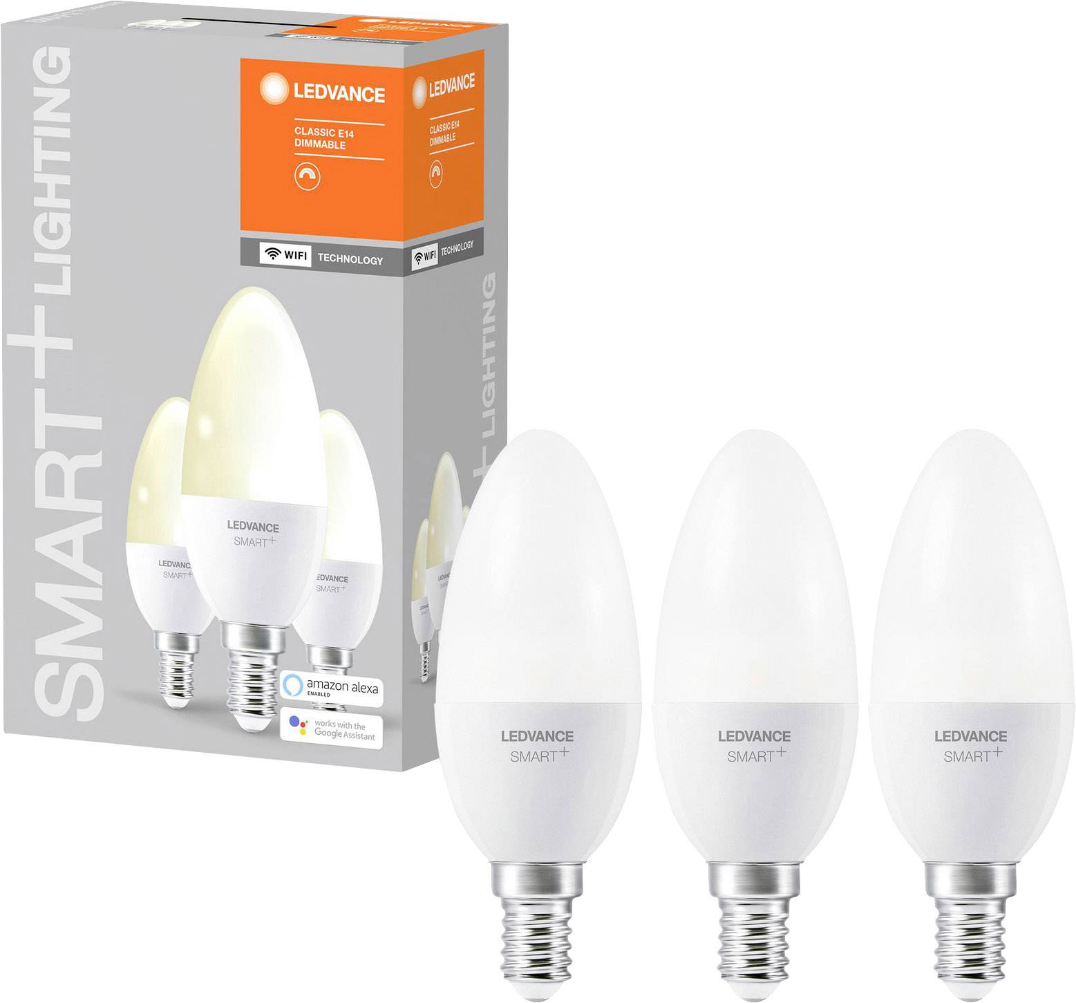 Trois lampes LED avec emballage. Sur l'emballage, il est inscrit 'Smart+ Lighting', compatible avec 'Amazon Alexa' et 'Google Assistant'.