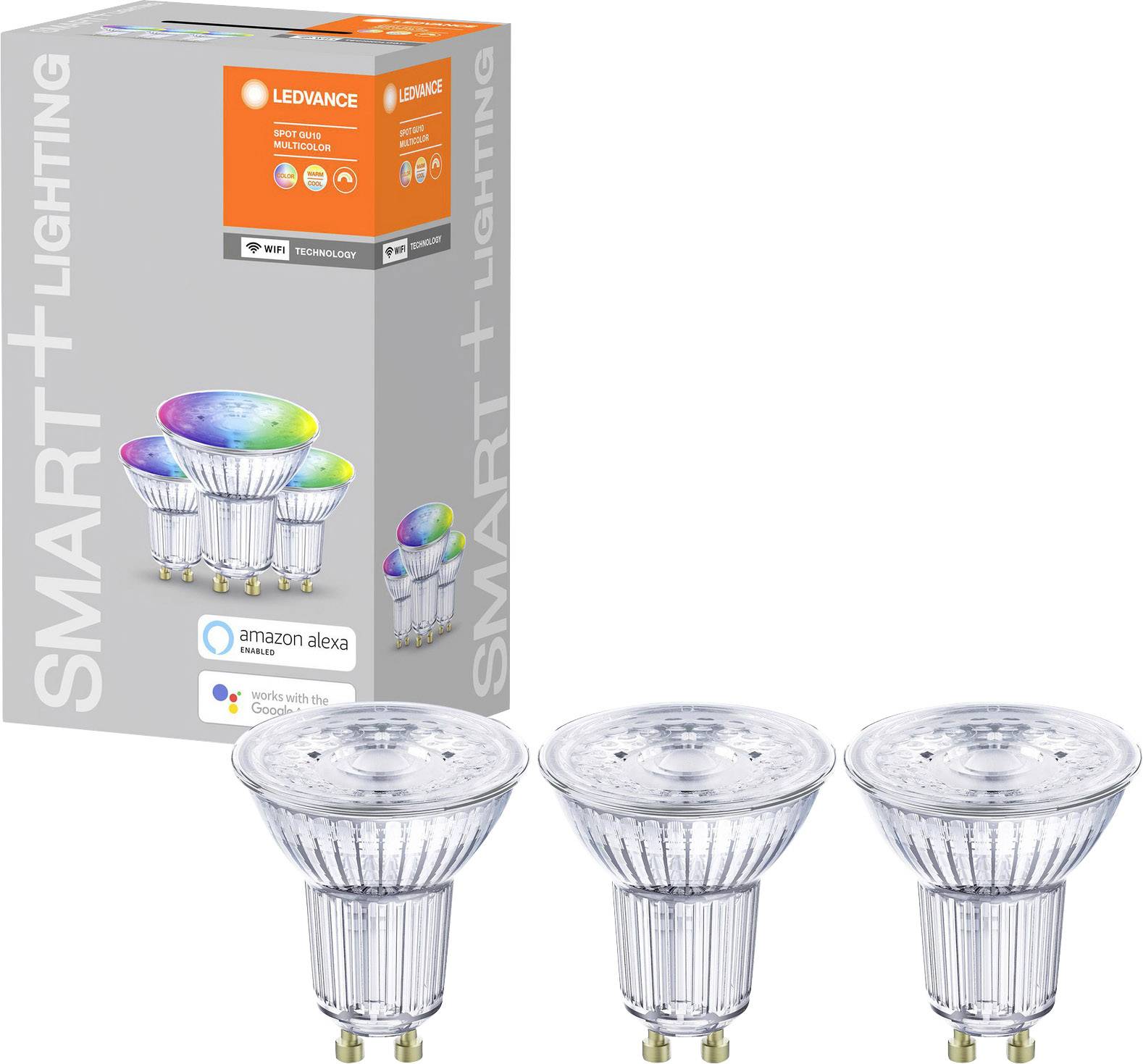 Trois ampoules LED devant un emballage portant l'inscription 'SMART+ LIGHTING'. Compatible avec Amazon Alexa et Google Assistant.