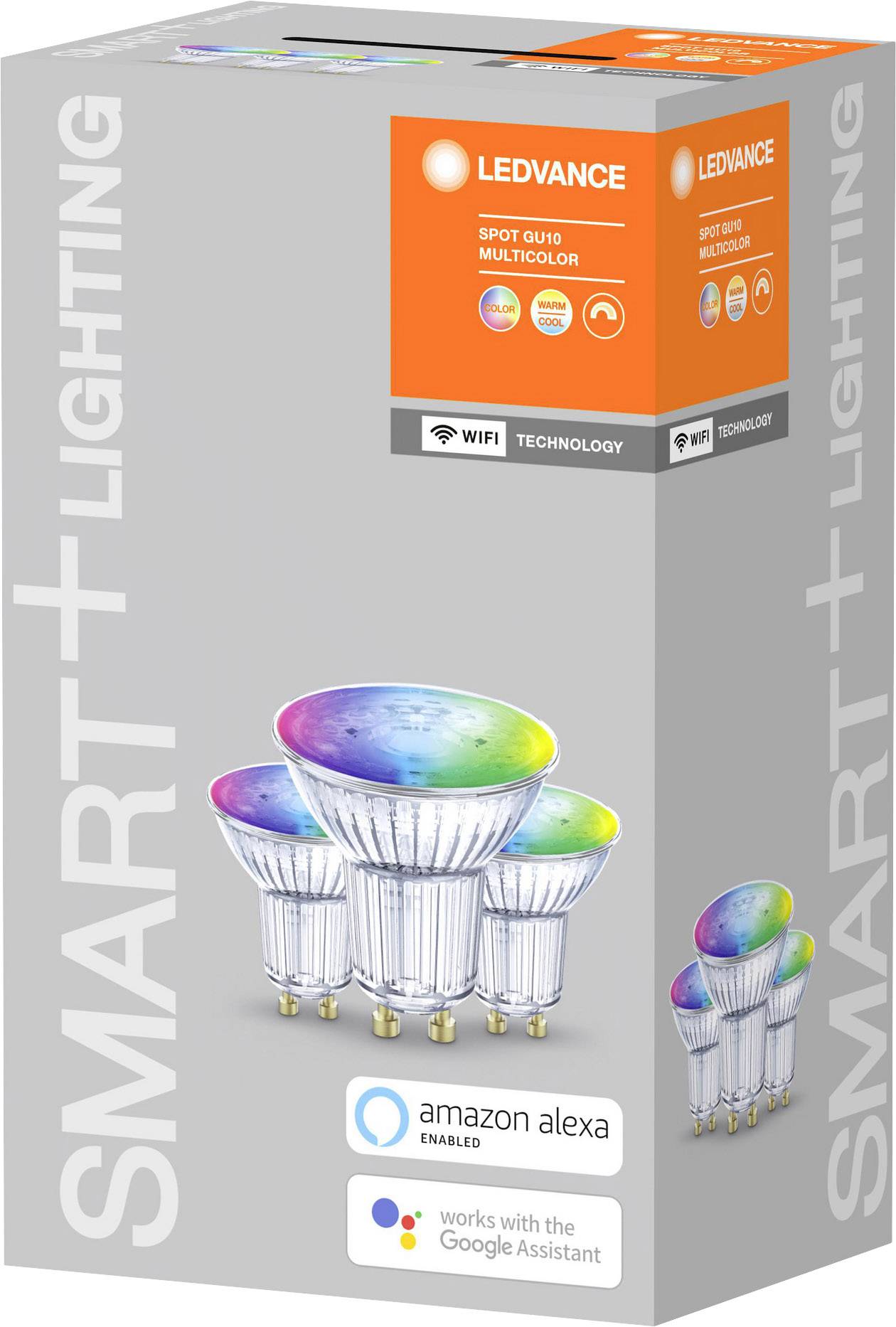 Pack de quatre spots LED, compatible avec Alexa et Google Assistant. Effets lumineux colorés, adapté aux systèmes domotiques.