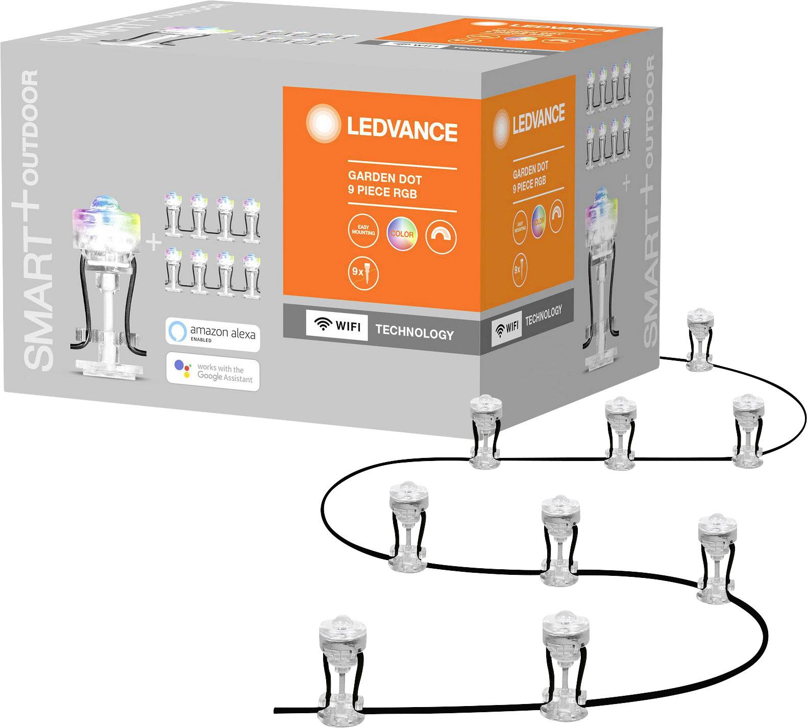 Emballage pour LEDVANCE SMART+ Luminaires de jardin extérieurs avec 9 lumières RVB, compatibles avec Amazon Alexa et Google Assistant.