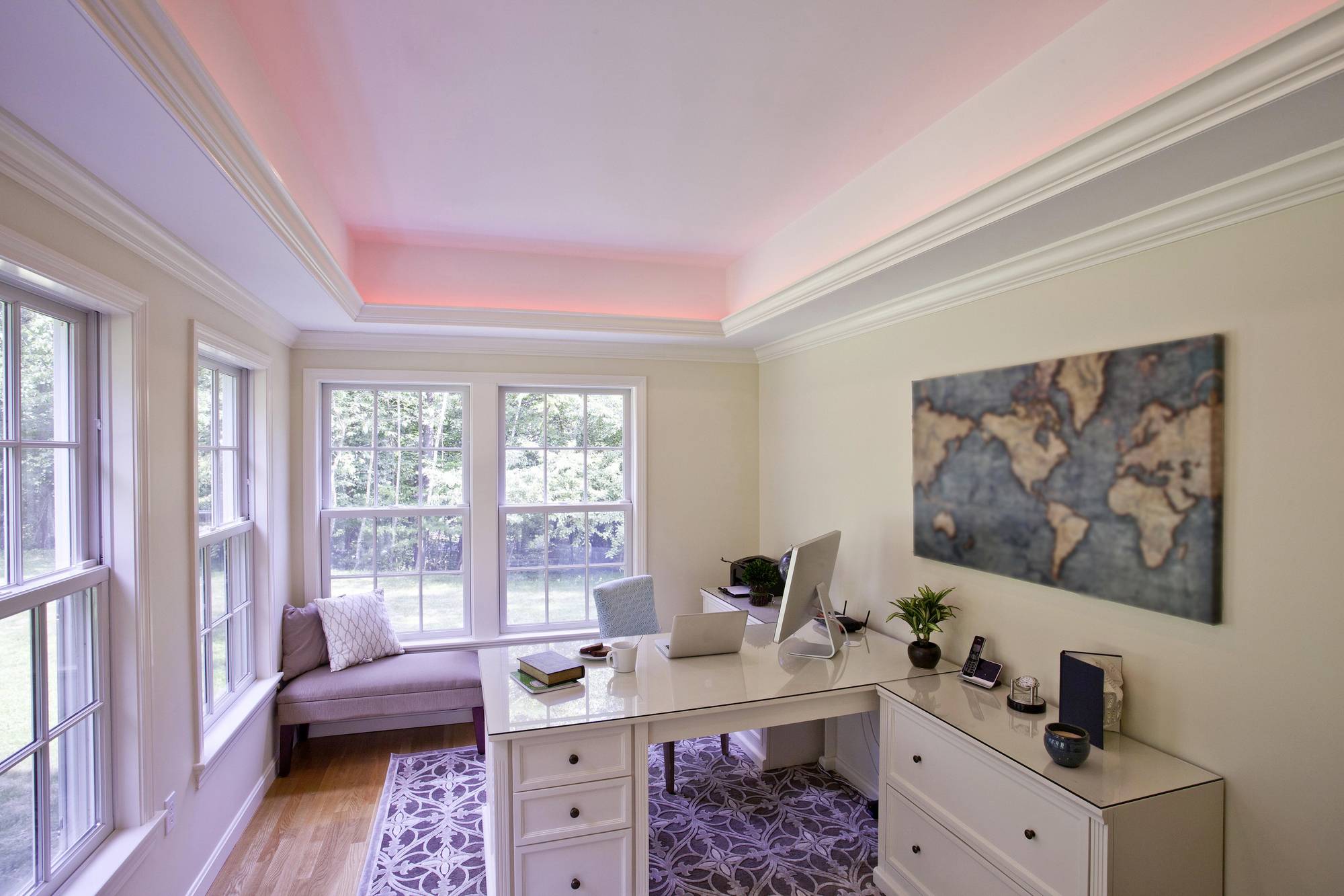 Bureau lumineux avec un grand bureau, un ordinateur, des plantes et une carte du monde accrochée au mur. La lumière du jour tombe sur le tapis à travers les fenêtres.
