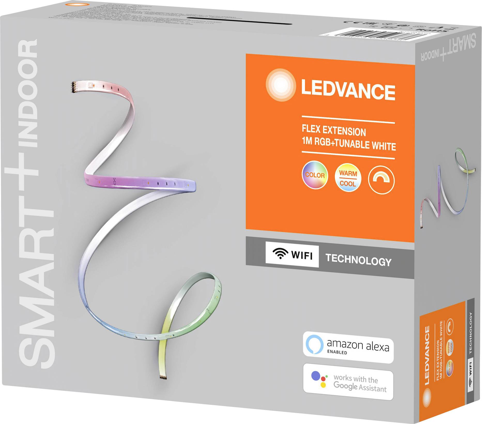 Extension de bandeau lumineux LED dans un emballage. Marque 'LEDVANCE', prenant en charge le Wifi, compatible avec Amazon Alexa et Google Assistant.