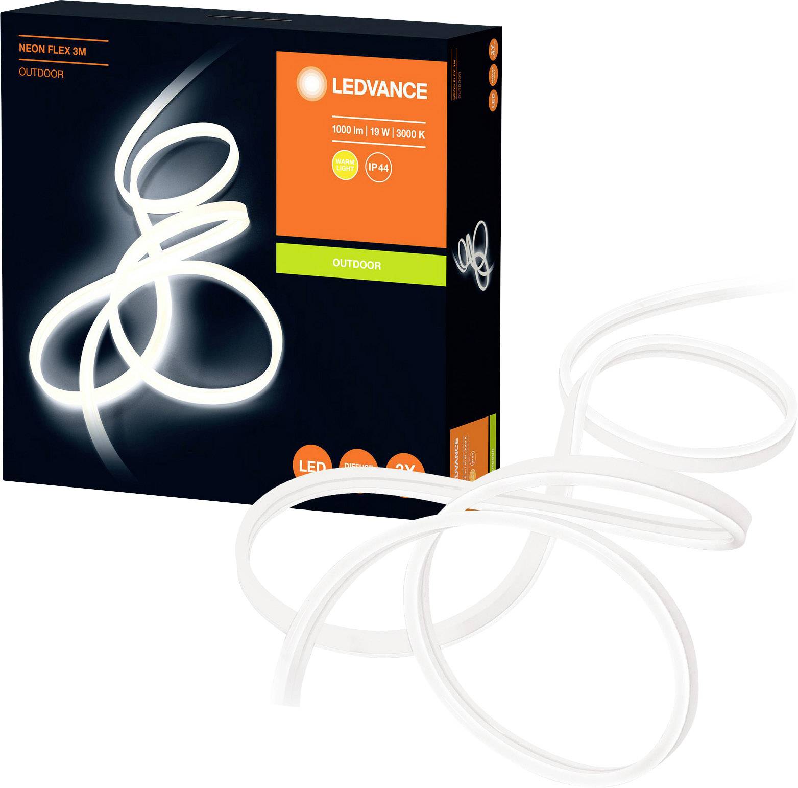 Bande lumineuse LED, 3 mètres, extérieure, 1000 lm, IP44, 3000 K, illustrée dans le carton. Adaptée à l'éclairage extérieur.