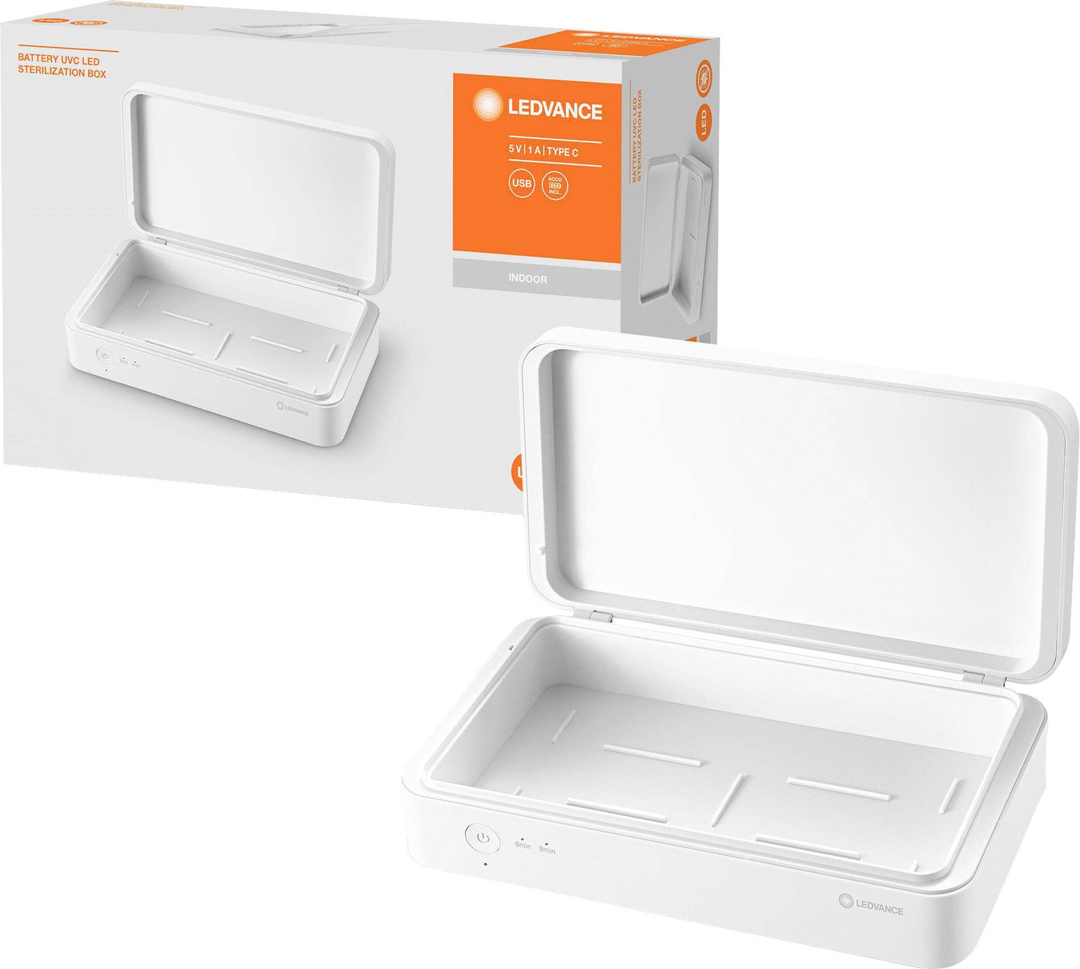 Une boîte d'éclairage LED avec un couvercle ouvert en blanc, à côté de son emballage. L'emballage affiche le nom de la marque et les informations du produit.