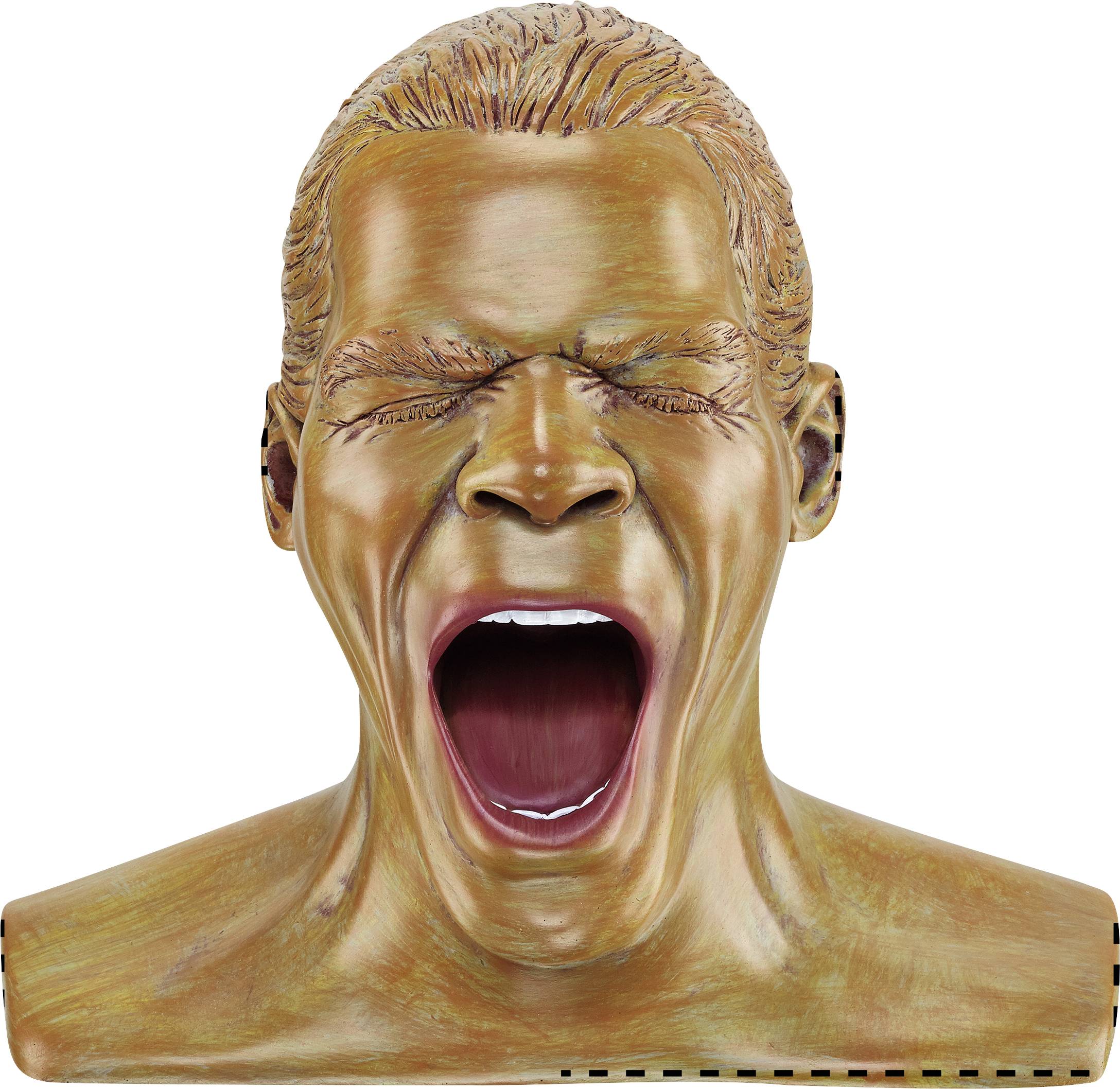 Buste d'un homme à la bouche ouverte, criante ou bâillante, réalisée en argile. L'expression du visage traduit une émotion intense ou une réaction émotionnelle marquée.