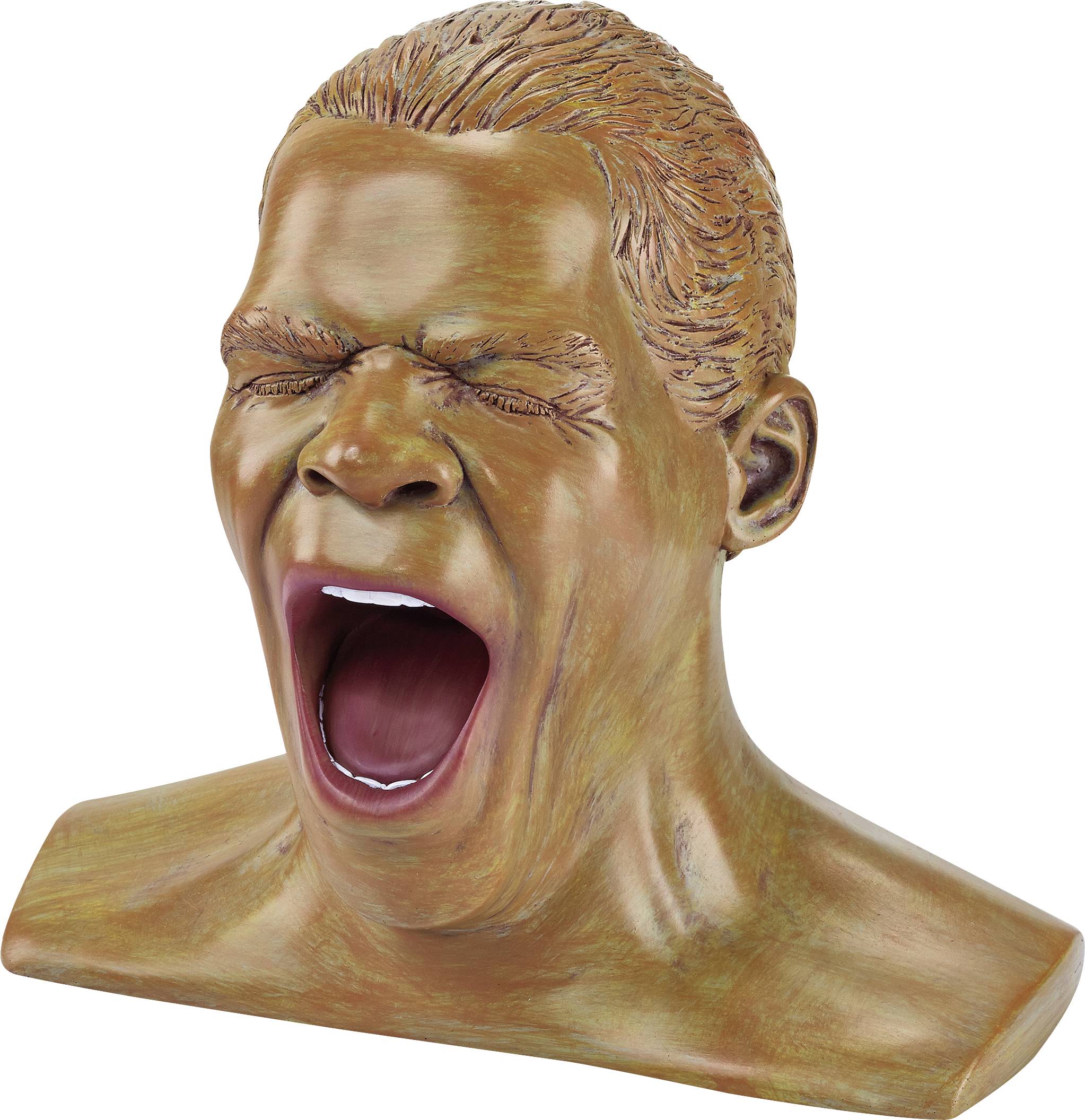 Une sculpture d'une tête humaine à la bouche grand ouverte, représentée dans un cri ou un bâillement, révèle des traits expressifs.