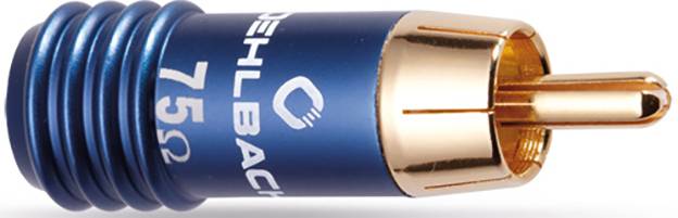 Un connecteur RCA bleu et doré portant l'inscription « 75 Ω », photographié de côté, révèle des détails de connexion.