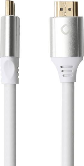 Un câble HDMI argenté et blanc avec une connexion USB-C sur le côté gauche et une connexion HDMI sur le côté droit.