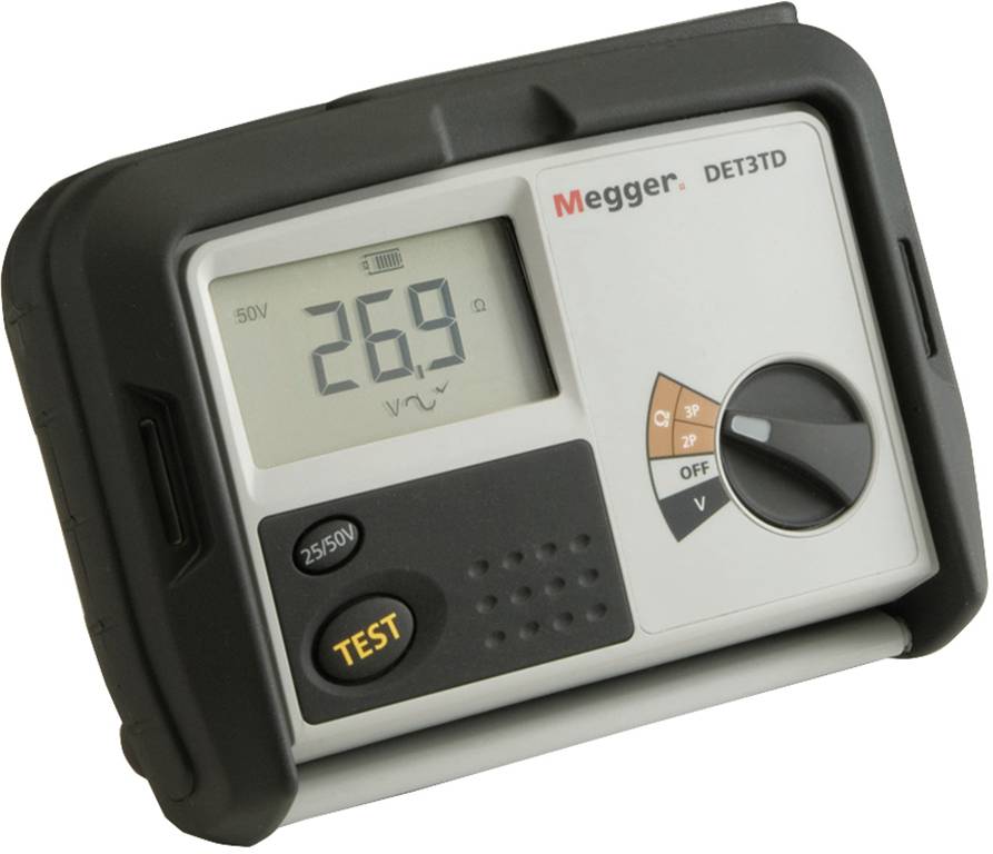 Testeur de résistance de terre numérique 'Megger DET3TD' affiche une valeur de mesure de 26,9 ohms à 150V. Commandes : interrupteur, bouton de test.