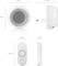 Enceinte portable, ronde, blanche avec une prise latérale et un bouton d'appel ovale, tous deux avec indications dimensionnelles. Nom de la marque en bas.