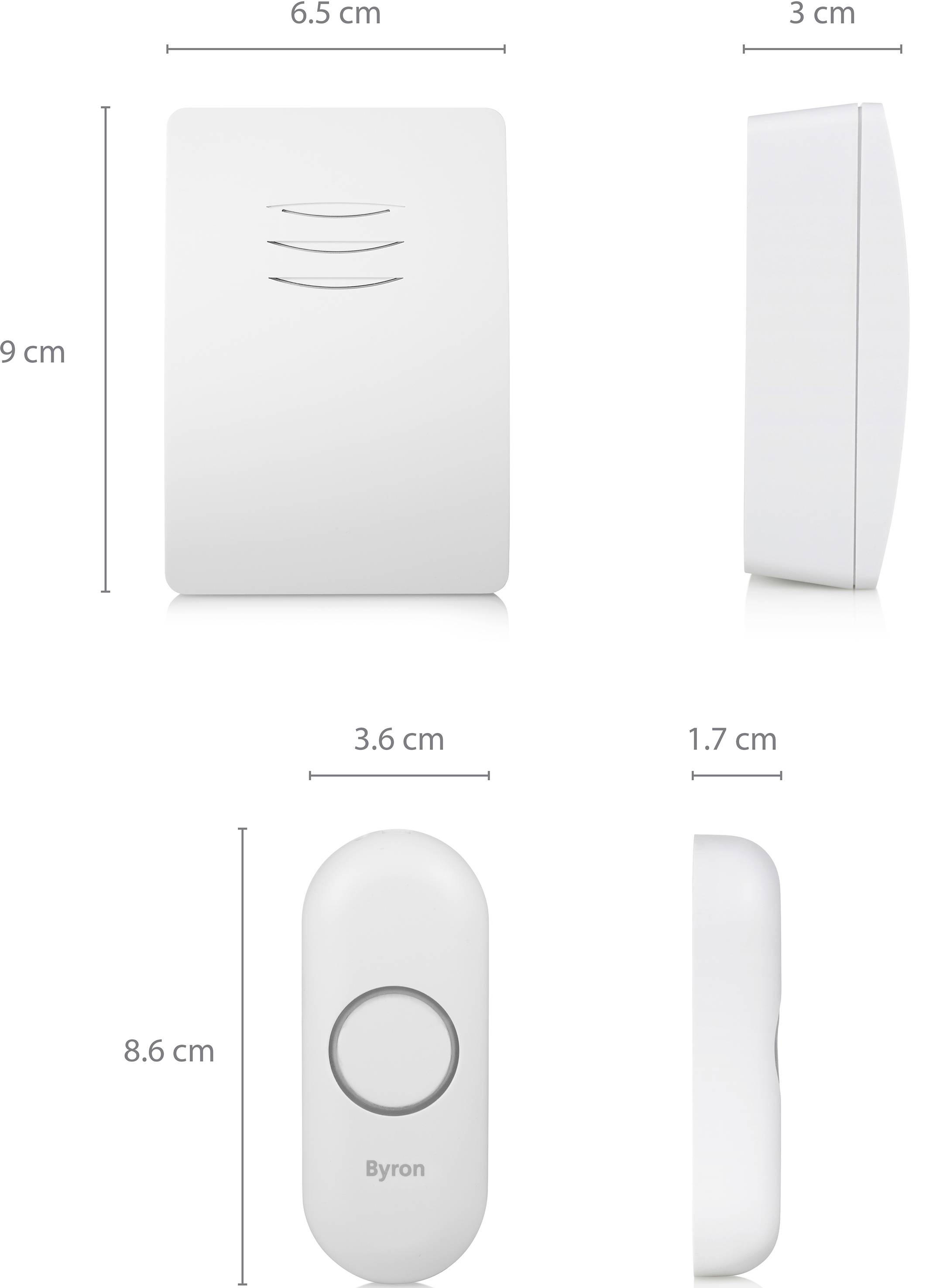 'L'image montre une sonnette blanche avec un récepteur. Le récepteur mesure 9 cm de hauteur et 6,5 cm de largeur. Le bouton-poussoir fait 8,6 cm de hauteur et 3,6 cm de largeur.'