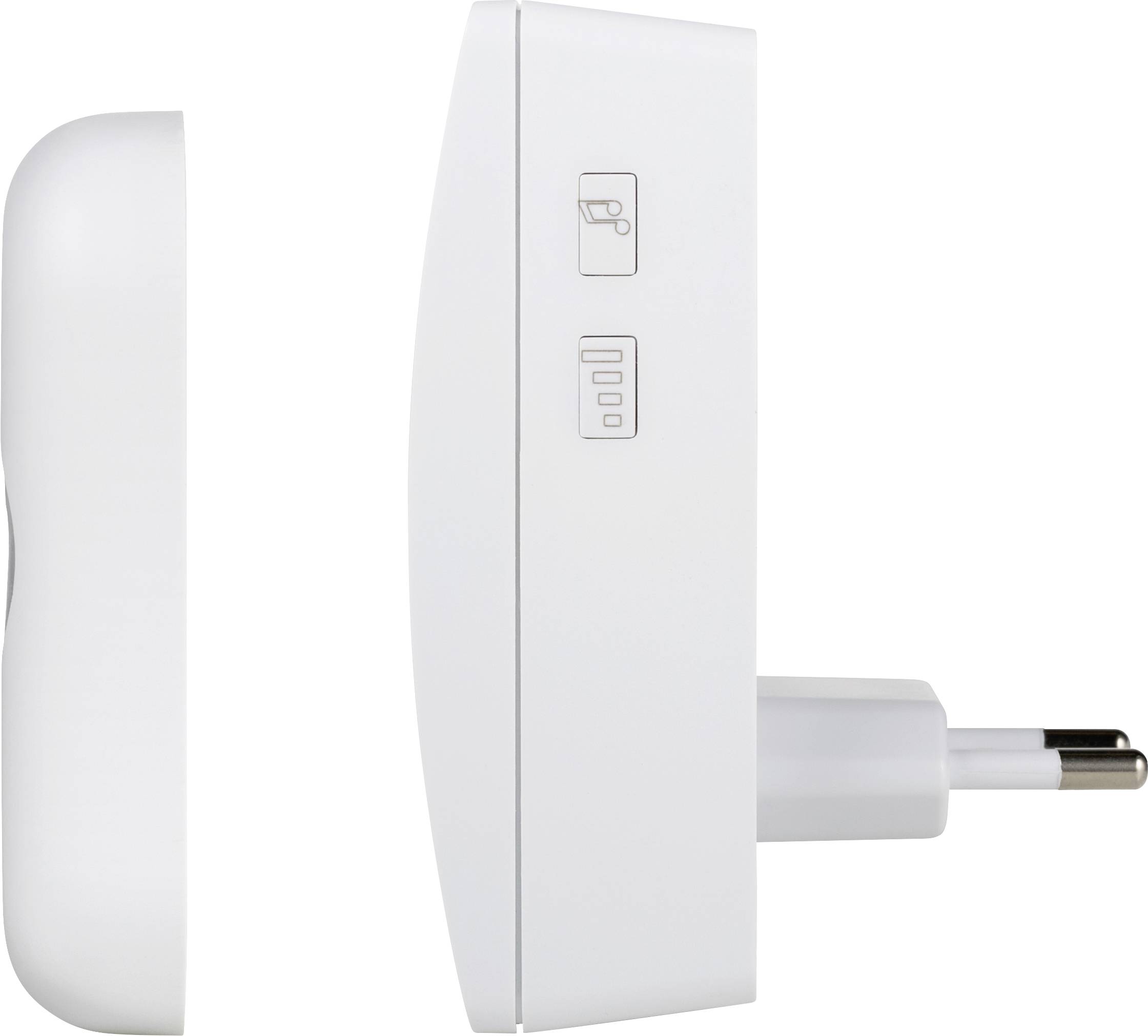 Un adaptateur électrique blanc avec vue de côté. Deux symboles sur la face avant représentent une tasse et des barres de signal.