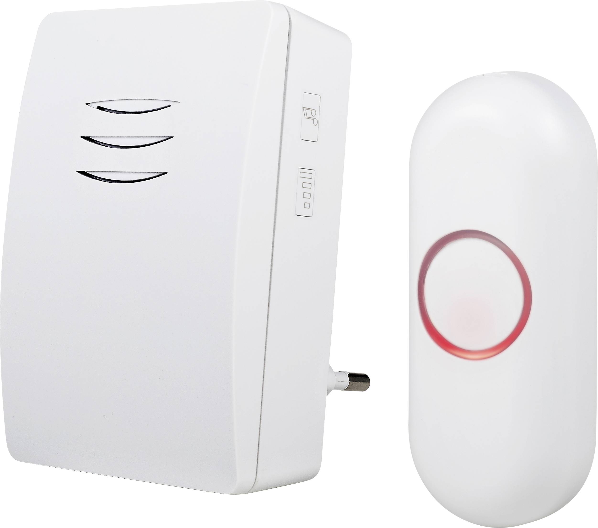 Une sonnette sans fil comprenant un carillon blanc avec un récepteur enfichable et un émetteur séparé, ovale et rouge. Adapté comme sonnette sans câble.