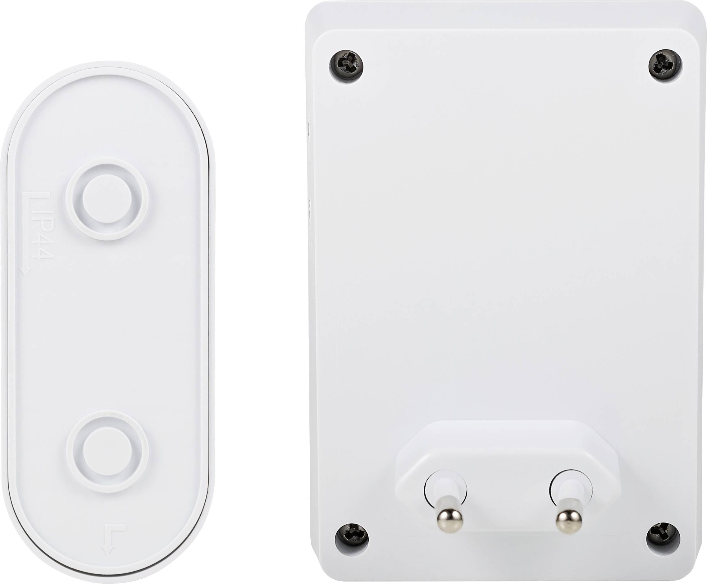 'Deux boîtiers en plastique blanc : à gauche ovale avec deux cercles surélevés, à droite rectangulaire avec deux broches métalliques saillantes.'