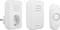 Sonnette sans fil blanche avec un émetteur et deux récepteurs à montage sur prise électrique. L'émetteur dispose d'un bouton, et les récepteurs ont des ouvertures pour haut-parleurs.