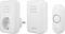 Sonnette sans fil avec un récepteur à prise, un récepteur de carillon sans fil et un bouton-poussoir, tous en blanc uni.