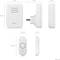 Aperçu d'un ensemble de sonnette de porte sans fil blanc. Récepteur avec prise de courant présenté côte à côte, émetteur avec bouton en dessous. Dimensions indiquées.
