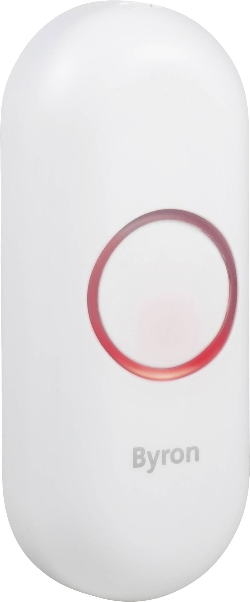 Un bouton de sonnette ovale blanc avec un anneau lumineux rouge et l'inscription « Byron ».