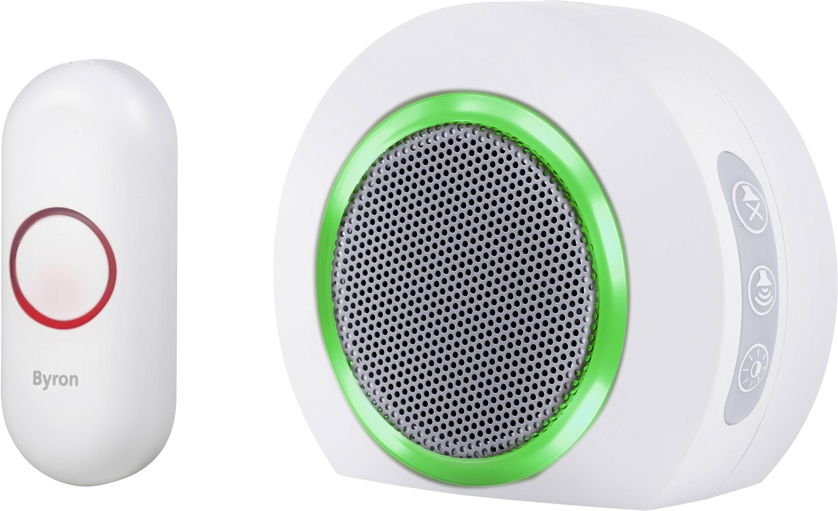 Un ensemble de sonnette de porte sans fil blanc avec un haut-parleur rond et un bouton-poussoir ovale portant l'inscription « Byron ».