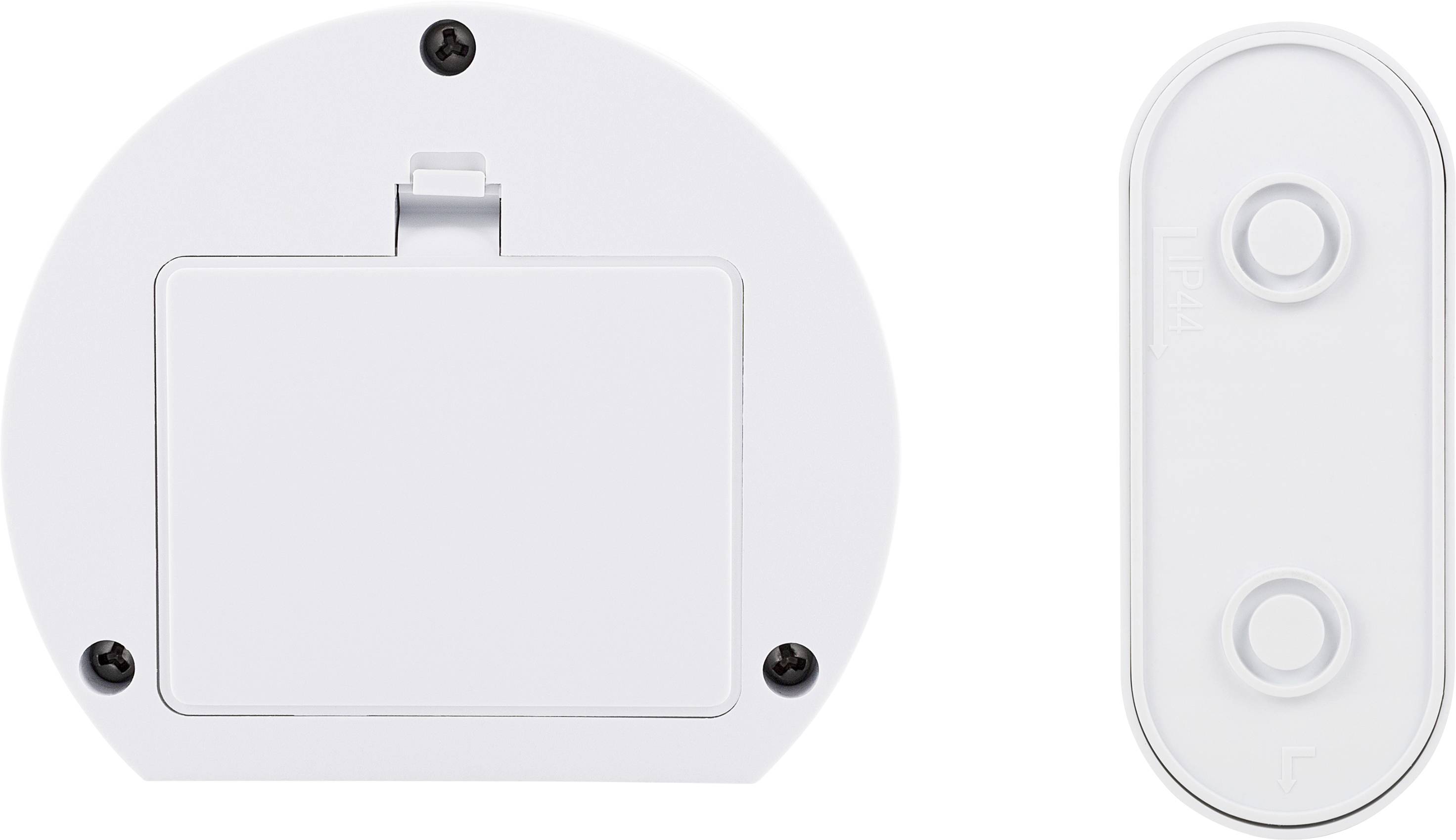 Un objet circulaire blanc avec un volet rectangulaire et quatre trous de vis à gauche ; un composant blanc allongé à droite.