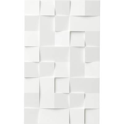 Structure géométrique tridimensionnelle blanche composée de carrés de différentes tailles légèrement en relief sur un fond blanc.