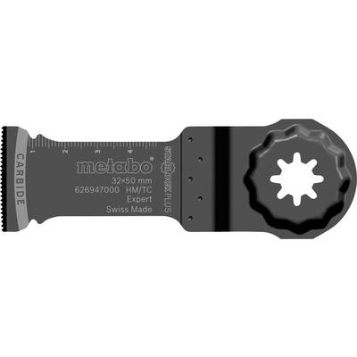 Gros plan d'une attache de lame multi-outil oscillante Metabo Starlock Plus, montrant le tranchant de coupe en carbure et le moyeu de verrouillage.