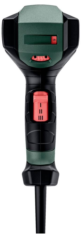 Un outil électrique noir et vert avec des touches rouges, doté d'un affichage numérique et de boutons de contrôle sur la poignée.