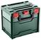 Boîte de rangement Metabo verte et rouge avec une poignée et des loquets, adaptée pour organiser et transporter des outils.