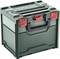 Coffret à outils vert de Metabo avec fermeture rouge et poignée noire, adapté au rangement des outils et accessoires.