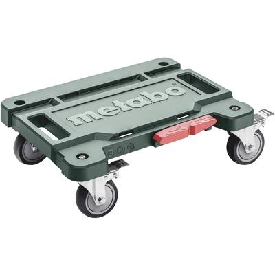Chariot mobile vert avec logo Metabo, quatre roues, mécanisme de poussée rouge et deux poignées. Conçu pour les boîtes portables et les caisses à outils.