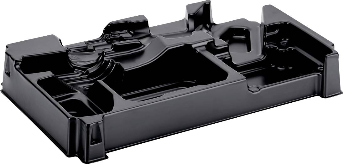 Plateau en plastique moulé noir avec plusieurs compartiments et une ouverture centrale, présenté isolé sur fond blanc.
