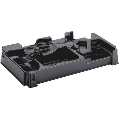 Pièce en plastique noir avec plusieurs compartiments et découpes, probablement un élément d'un emballage ou d'un support, de forme rectangulaire.