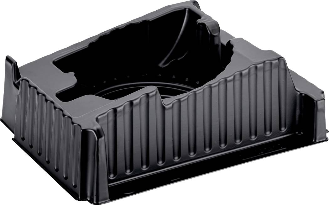 Récipient carré en plastique noir avec des côtés côtelés surélevés et un dessus ouvert, montré isolé sur un fond blanc.