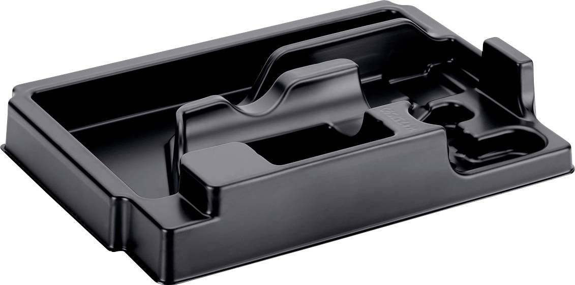 Plateau organisateur en plastique moulé noir avec compartiments et une découpe de poignée centrale, présenté isolé sur fond blanc.