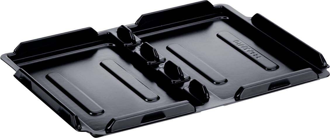 Plateau de service ou présentoir en plastique noir articulé et pliable montré ouvert, avec deux compartiments rectangulaires et poignées surélevées.