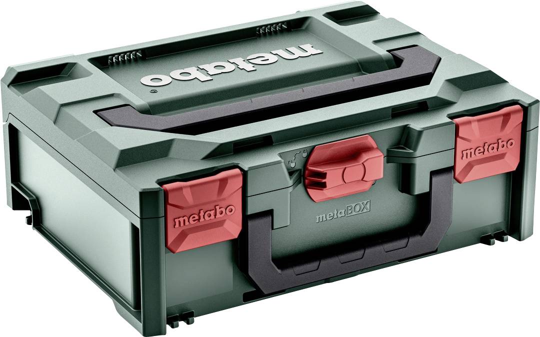 Coffret de rangement pour outils électriques Metabo de couleur verte avec poignée noire et loquets rouges, présenté en vue en perspective.