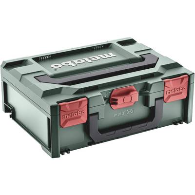 Coffret à outils en métal vert de Metabo avec des fermoirs rouges, fermé.