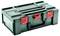 Boîte à outils verte de Metabo avec deux fermetures rouges, adaptée au rangement des outils.