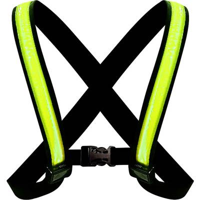 Harnais de sécurité réfléchissant en forme de X avec des bandes jaunes, adapté à la visibilité dans l'obscurité ou par conditions de faible luminosité.