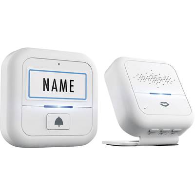 Deux appareils blancs côte à côte : à gauche avec un écran 'NOM' et un bouton d'appel, à droite avec un symbole de haut-parleur et des boutons de commande.