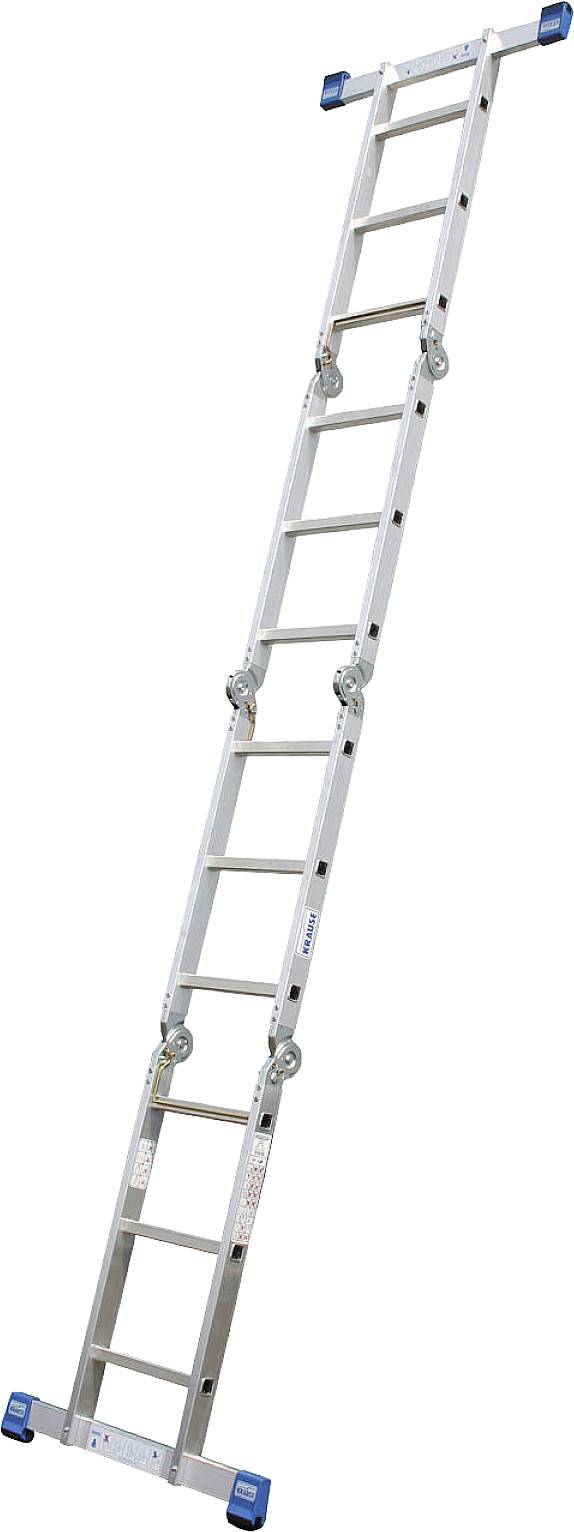 Une longue échelle en aluminium avec plusieurs échelons, des supports latéraux et des pieds antidérapants bleus est dressée contre un arrière-plan.