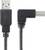 Un câble USB noir avec une fiche standard et une fiche coudée, idéal pour les espaces restreints.