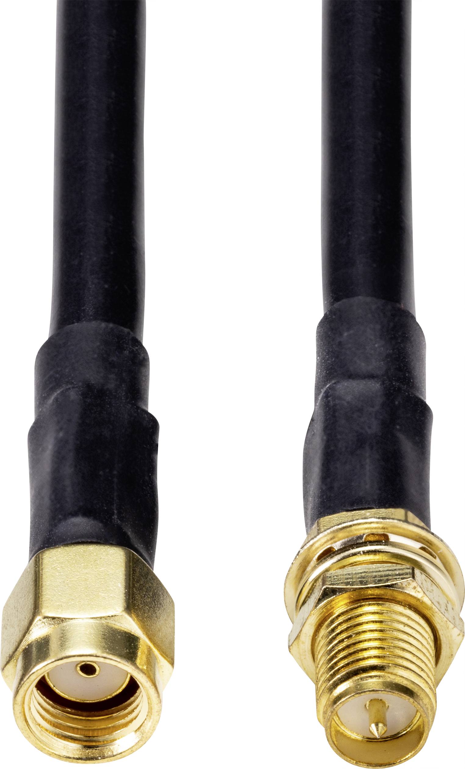 Deux câbles d'antenne avec des connecteurs dorés, un mâle (à gauche) et un femelle (à droite), avec une gaine de câble noire.
