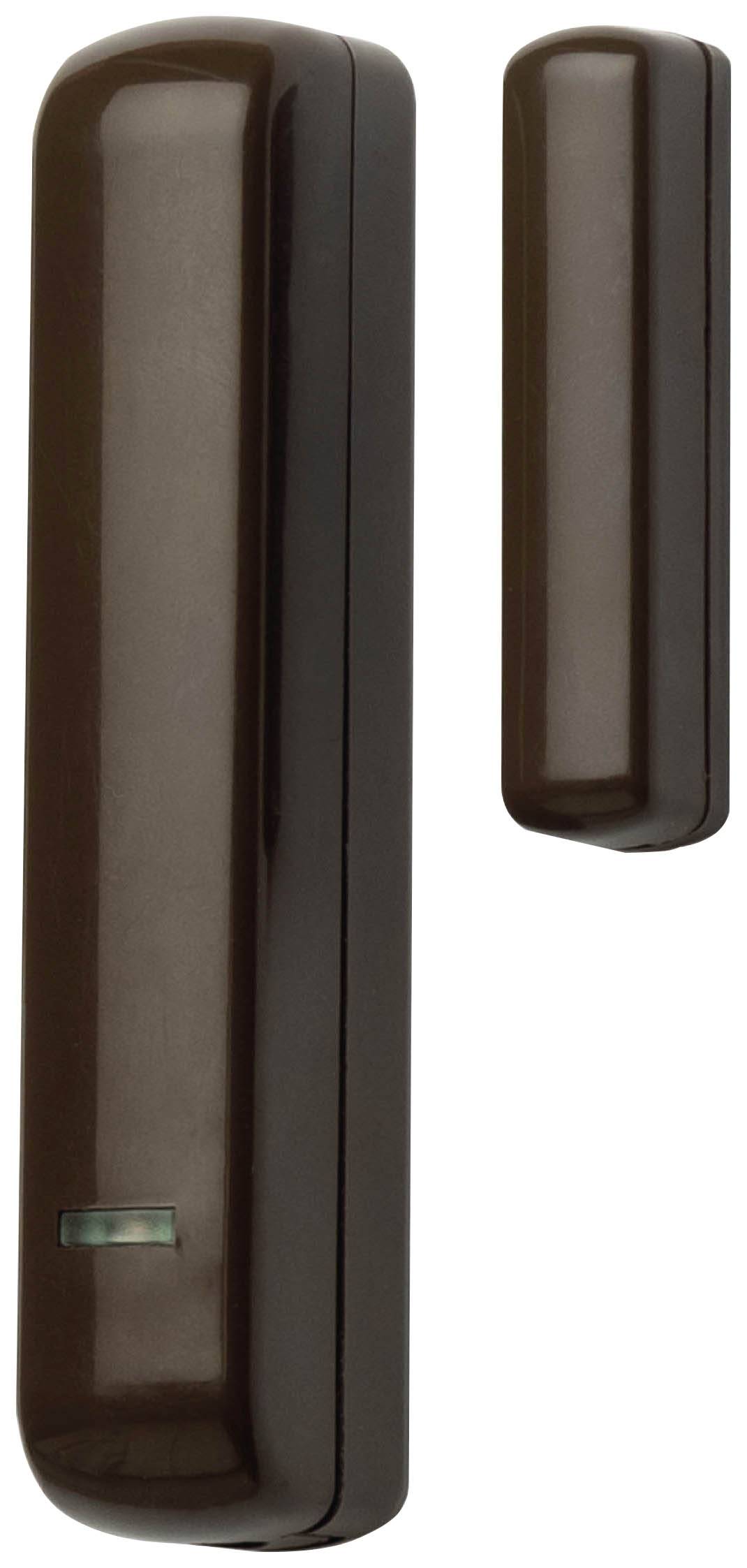 Un capteur marron pour porte ou fenêtre composé de deux parties à installer, souvent utilisé dans les systèmes de sécurité.
